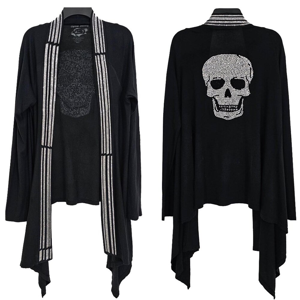 Elegant Skull Embellished Women's Black Open Cardigan